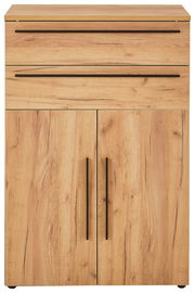 Vorderansicht eines niedrigen Aktenschranks aus Holz mit zwei Schubladen und zwei Türen, Holzmaserung sichtbar.