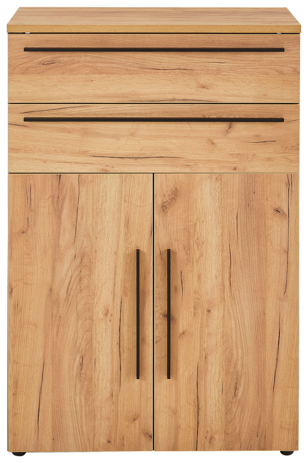 Vorderansicht eines niedrigen Aktenschranks aus Holz mit zwei Schubladen und zwei Türen, Holzmaserung sichtbar.