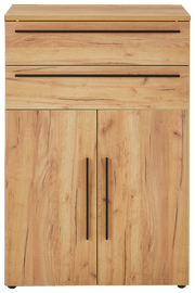 Vorderansicht eines niedrigen Aktenschranks aus Holz mit zwei Schubladen und zwei Türen, Holzmaserung sichtbar.