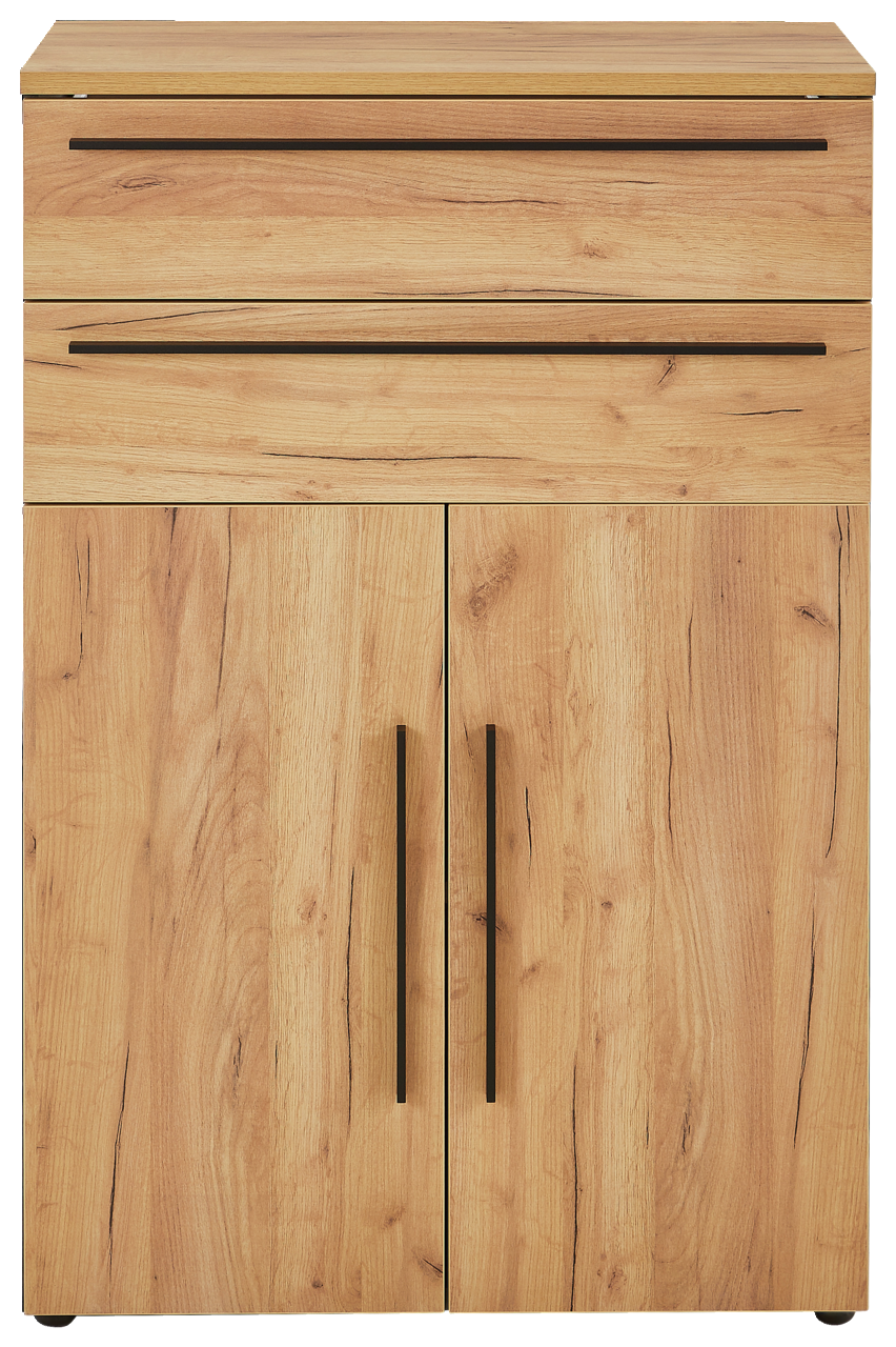 Vorderansicht eines niedrigen Aktenschranks aus Holz mit zwei Schubladen und zwei Türen, Holzmaserung sichtbar.