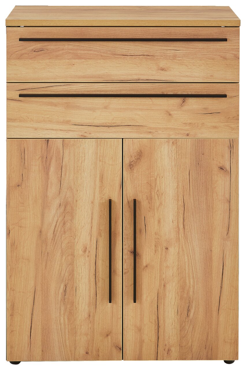 Vorderansicht eines niedrigen Aktenschranks aus Holz mit zwei Schubladen und zwei Türen, Holzmaserung sichtbar.