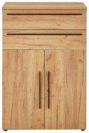 Vorderansicht eines niedrigen Aktenschranks aus Holz mit zwei Schubladen und zwei Türen, Holzmaserung sichtbar.