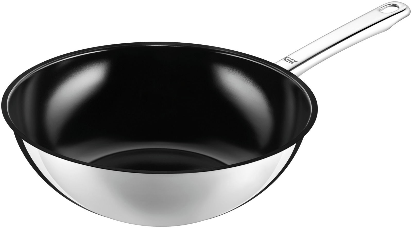 WOK-Pfanne 28cm WUHAN aus Edelstahl mit schwarzer Innenbeschichtung, seitliche Perspektive