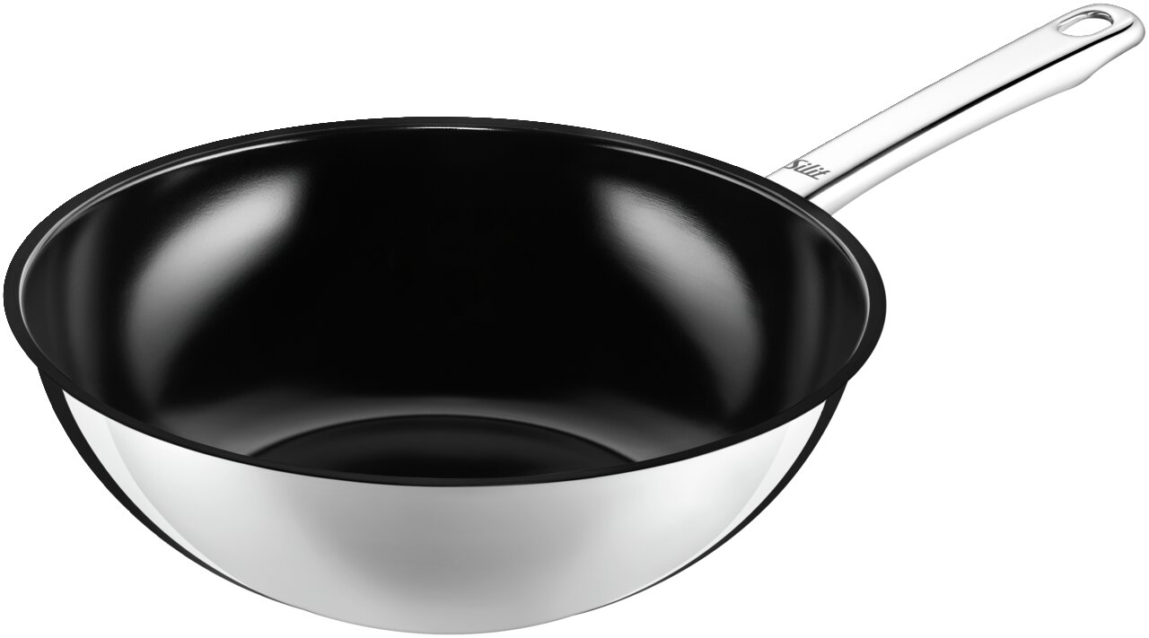 WOK-Pfanne 28cm WUHAN aus Edelstahl mit schwarzer Innenbeschichtung, seitliche Perspektive