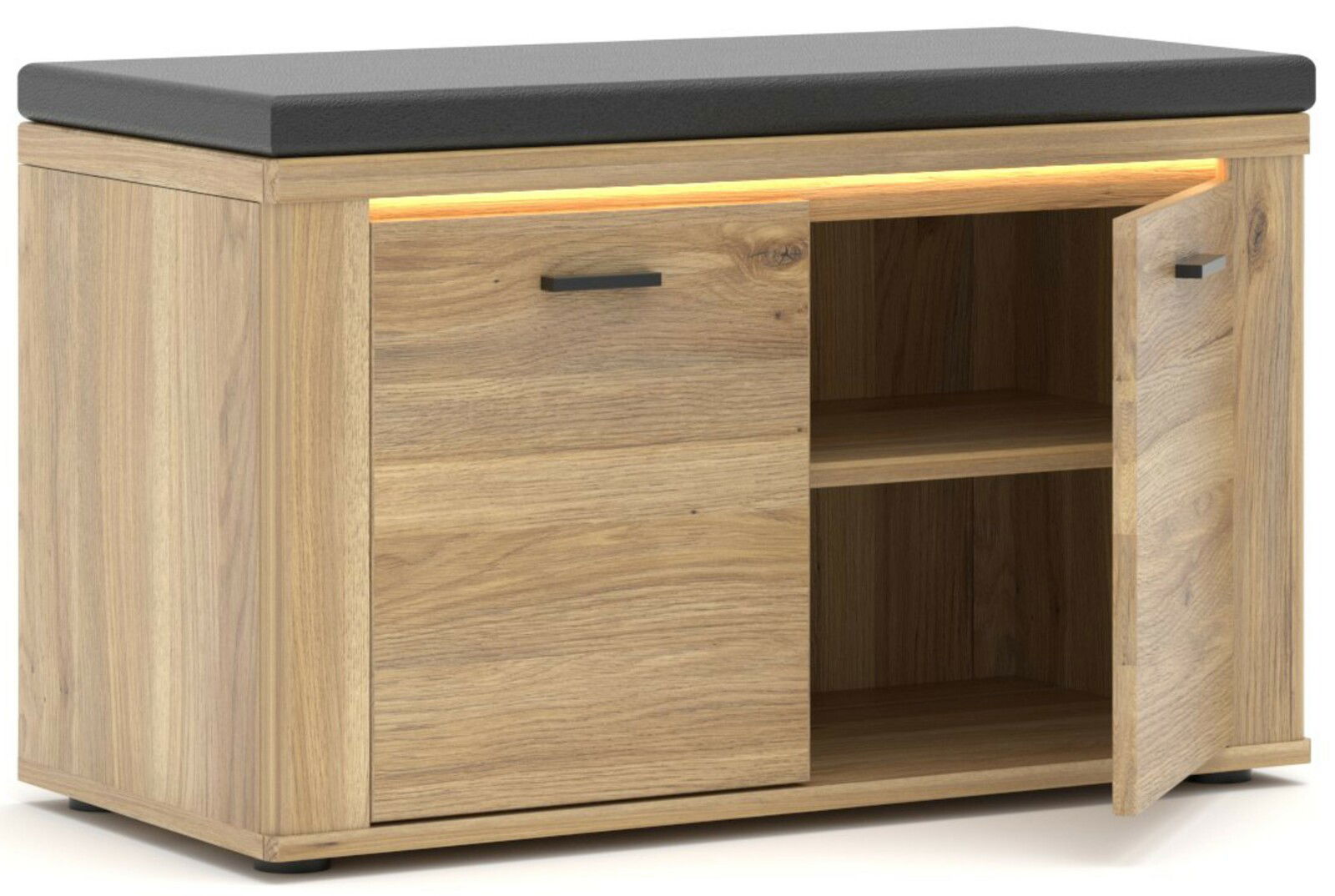 Holz-Garderobenbank mit schwarzem Sitzpolster, zwei Türen und LED-Beleuchtung, Perspektive von vorne