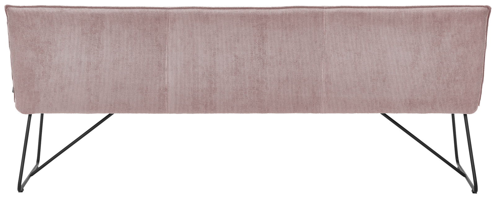 Rückansicht einer Sitzbank mit rosa Stoffbezug und schwarzen Metallbeinen.