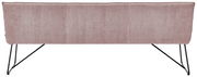 Rückansicht einer Sitzbank mit rosa Stoffbezug und schwarzen Metallbeinen.