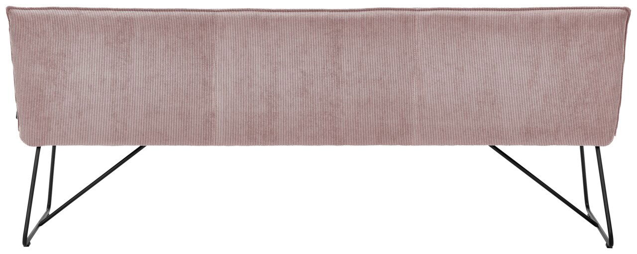 Johann Jakob Sitzbank CALAS Rückansicht einer Sitzbank mit rosa Stoffbezug und schwarzen Metallbeinen.