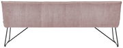 Rückansicht einer Sitzbank mit rosa Stoffbezug und schwarzen Metallbeinen.