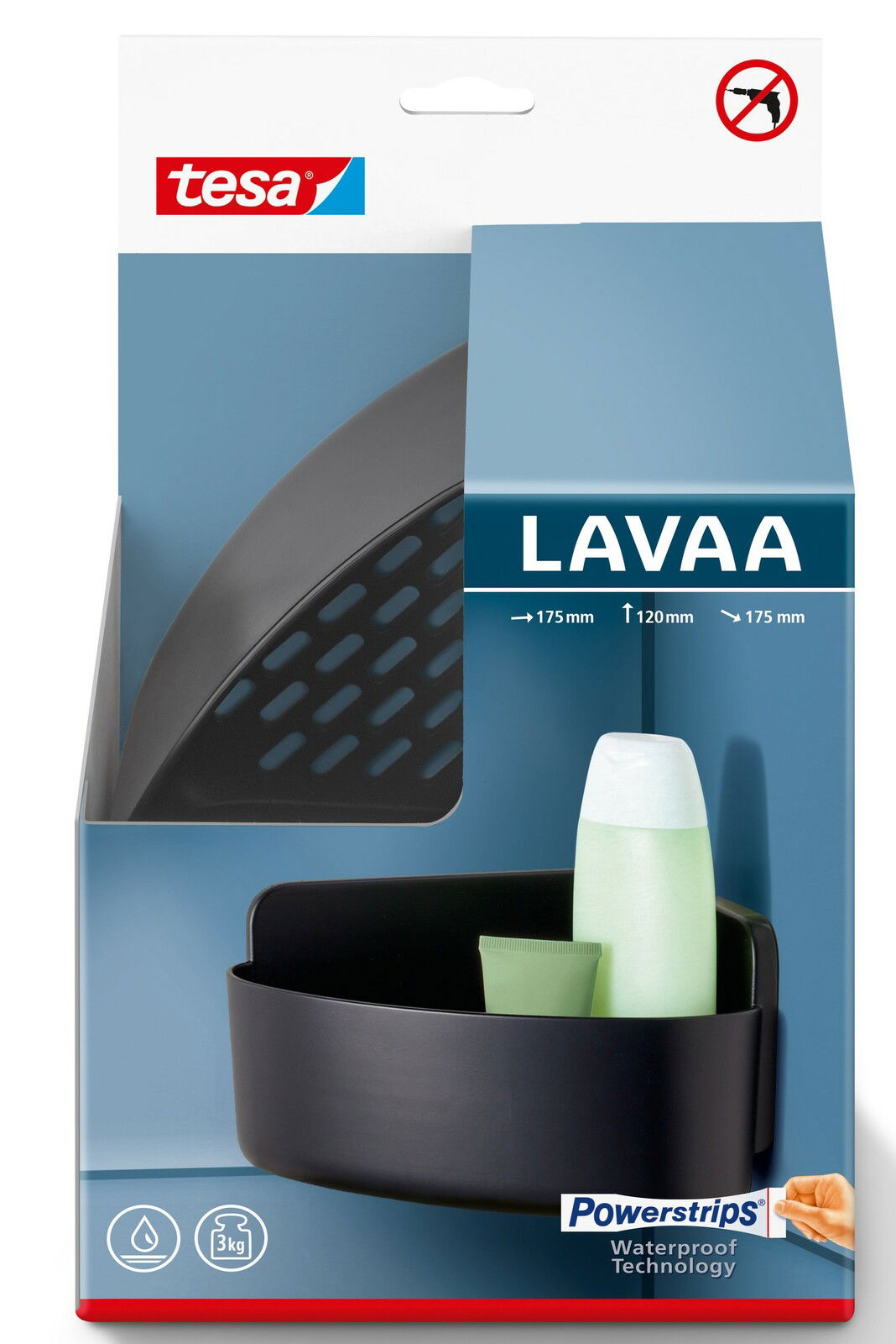 Eckduschkorb von tesa Lavaa in schwarzer Farbe, abgebildet in einer Verpackung mit Powerstrips-Technologie, aus der Vorderperspektive.