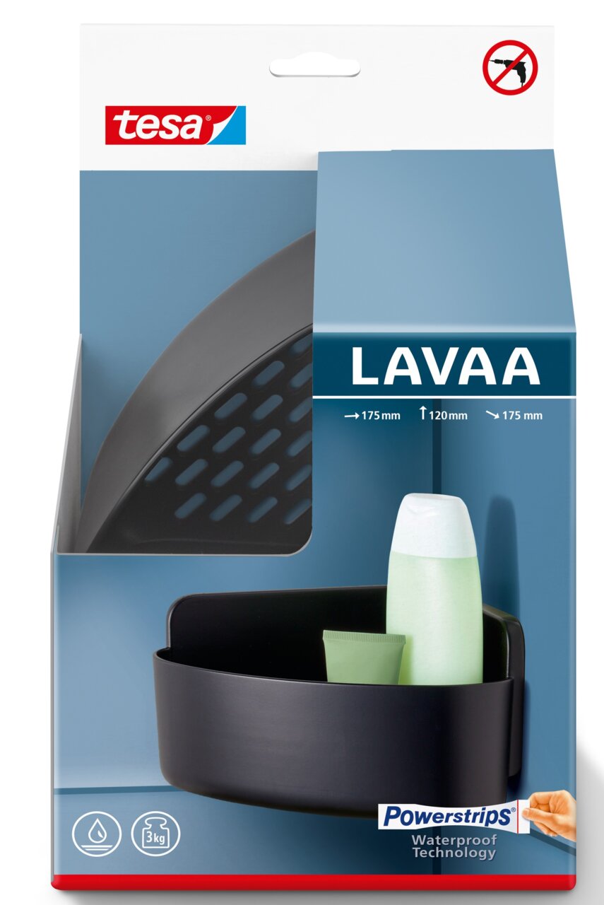 Eckduschkorb von tesa Lavaa in schwarzer Farbe, abgebildet in einer Verpackung mit Powerstrips-Technologie, aus der Vorderperspektive.