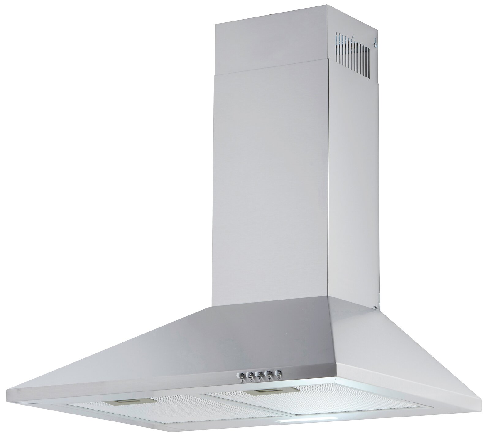 Silberne Dunstabzugshaube in Frontalansicht mit rechteckigem Schacht und Bedienelementen an der Vorderseite.