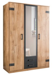 Drehtürenschrank mit drei Türen, mittlere Tür mit Spiegel, Holzoptik, schwarze Griffe, seitliche Perspektive