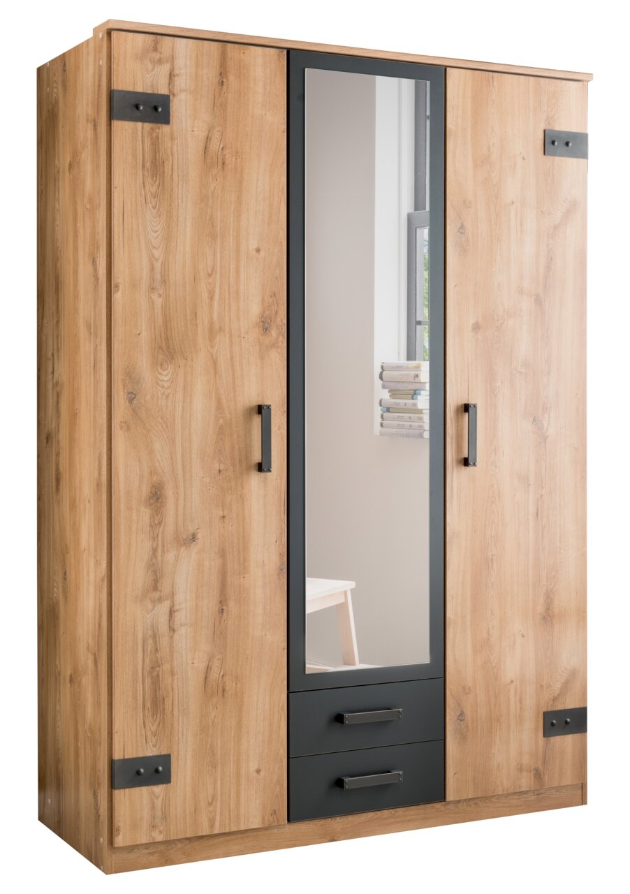Drehtürenschrank mit drei Türen, mittlere Tür mit Spiegel, Holzoptik, schwarze Griffe, seitliche Perspektive