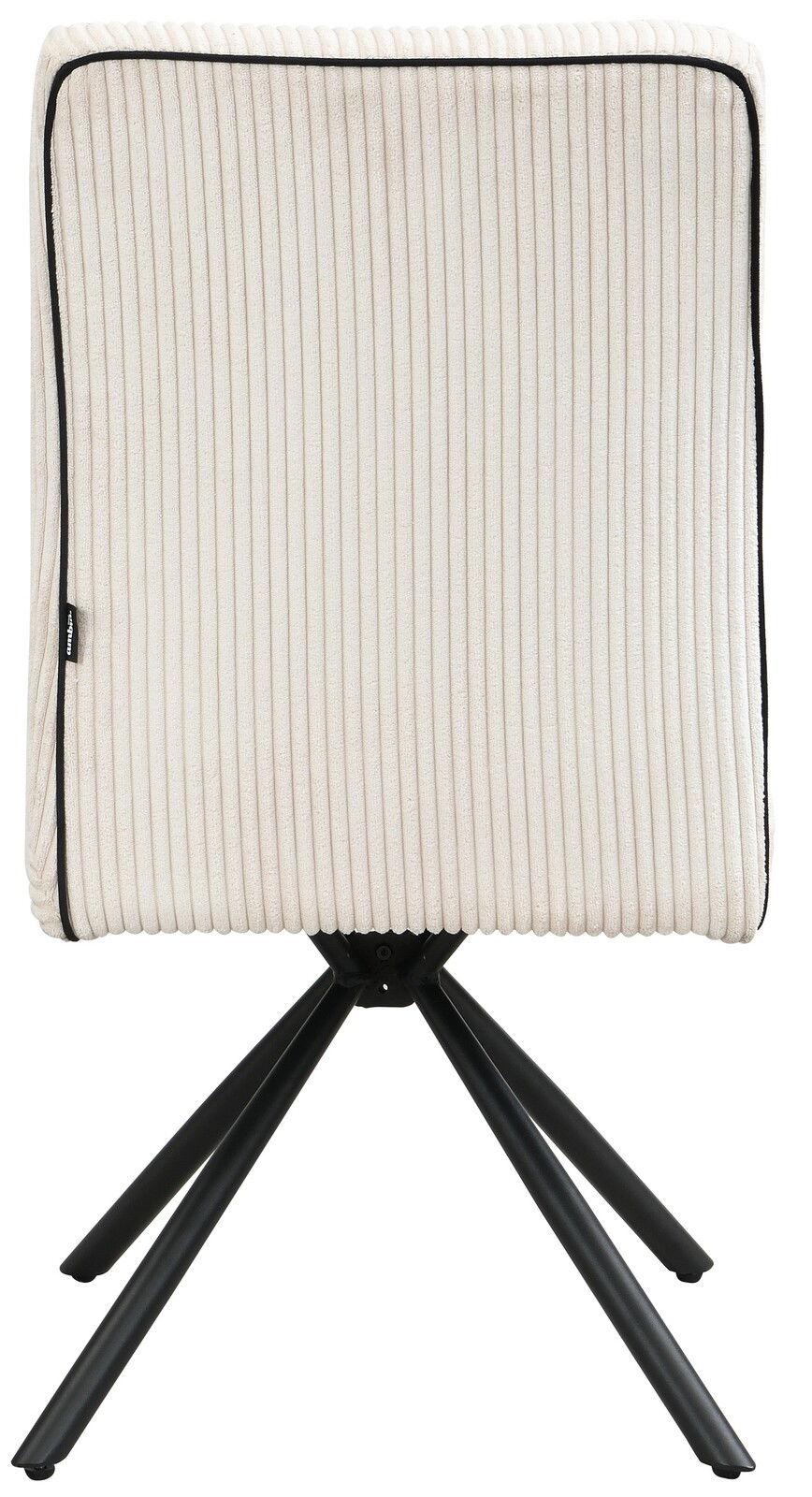 Rückansicht eines Stuhls mit cremefarbenem, geripptem Stoffbezug und schwarzen Metallbeinen.