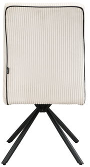 Rückansicht eines Stuhls mit cremefarbenem, geripptem Stoffbezug und schwarzen Metallbeinen.