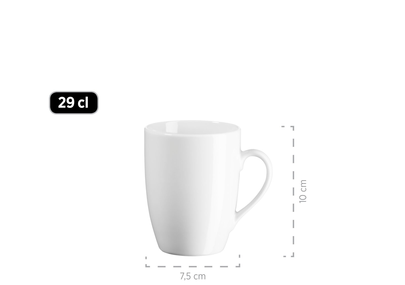Weiße Keramiktasse mit Henkel, Fassungsvermögen 29 cl, ca. 10 cm hoch und 7,5 cm breit, freigestellt auf weißem Hintergrund, Ansicht von vorn leicht seitlich