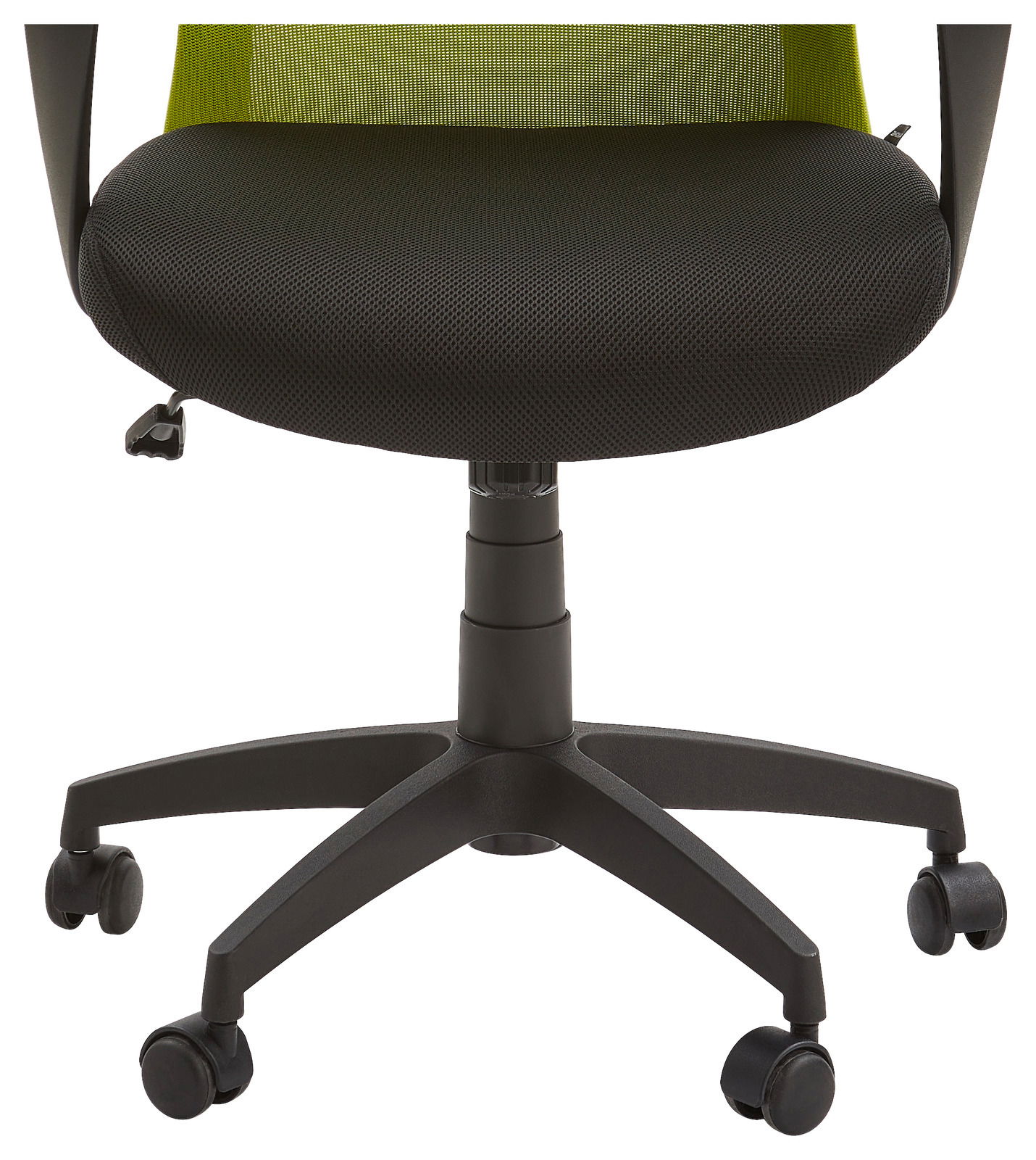 Moderner Drehstuhl mit schwarzem Sitz und grüner Rückenlehne, Vorderansicht