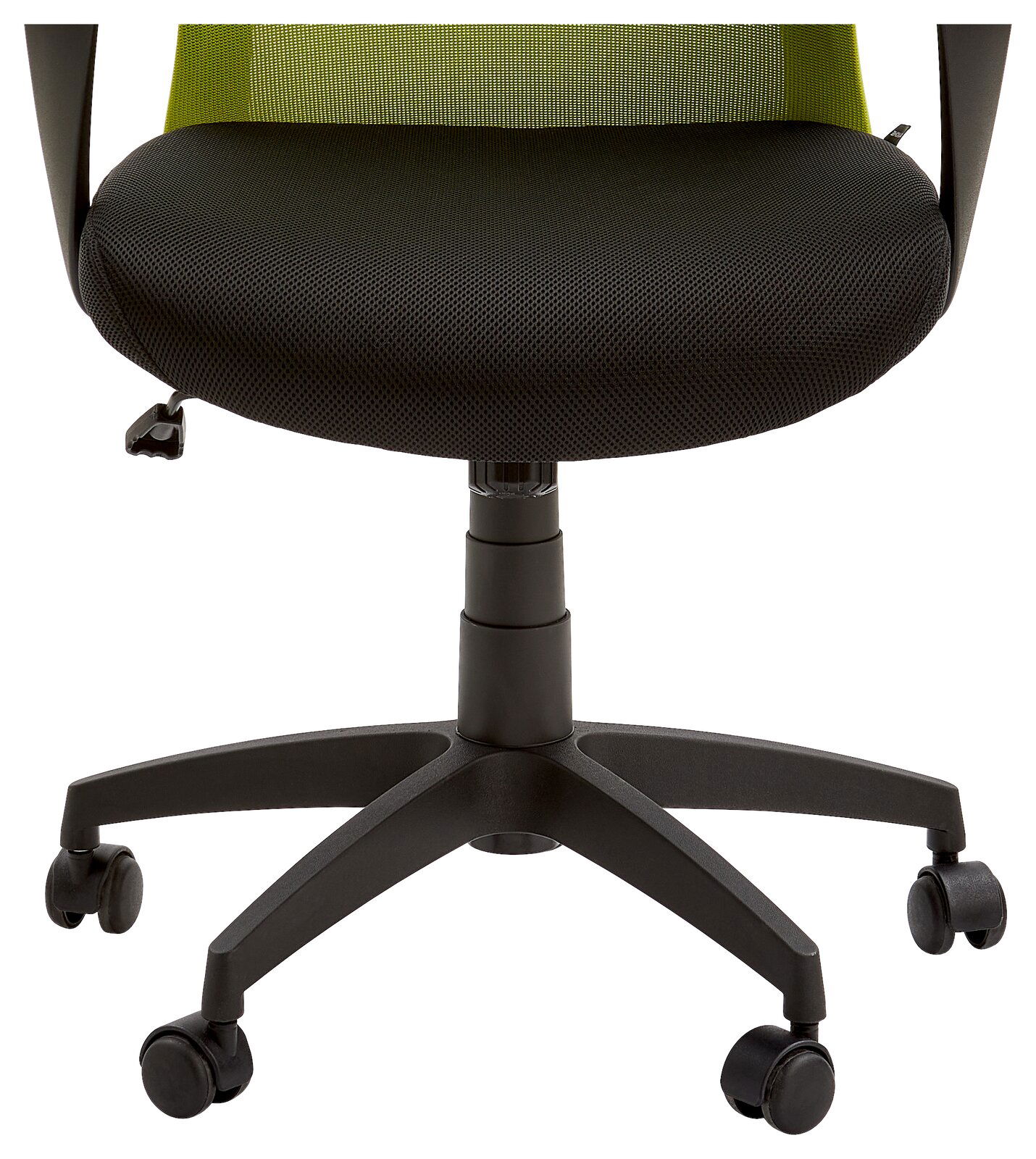 Moderner Drehstuhl mit schwarzem Sitz und grüner Rückenlehne, Vorderansicht