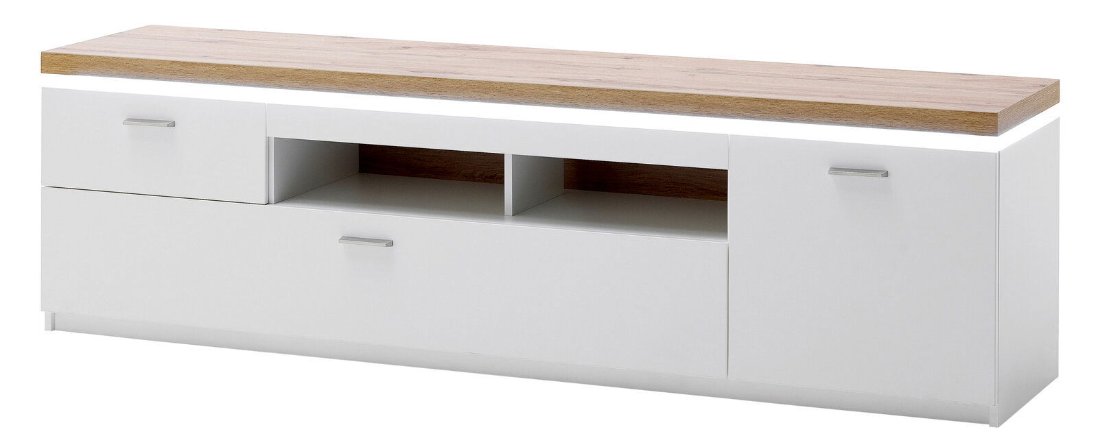 XORA XL-TV-Lowboard CALI Frontansicht eines modernen XL-TV-Lowboards mit weißem Korpus und einer Holzoberfläche, ausgestattet mit Schubladen und offenen Fächern.