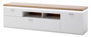 Frontansicht eines modernen XL-TV-Lowboards mit weißem Korpus und einer Holzoberfläche, ausgestattet mit Schubladen und offenen Fächern.