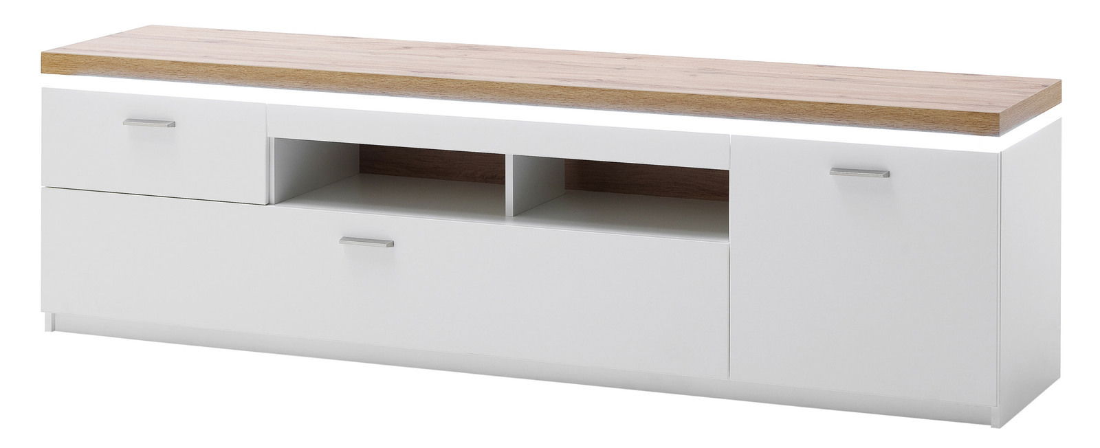 Frontansicht eines modernen XL-TV-Lowboards mit weißem Korpus und einer Holzoberfläche, ausgestattet mit Schubladen und offenen Fächern.
