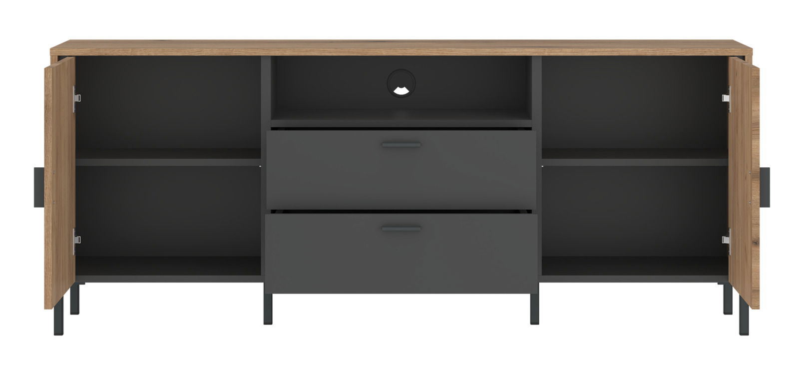 TV-Lowboard mit offenen Türen und Schubladen, Frontansicht