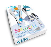 Kinderbesteck SEAWORLD 4-tlg. mit bunten Meeresmotiven, inklusive Wal, Pinguin und Eisbär, auf einer Verpackung aus der Vogelperspektive.