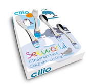 Kinderbesteck SEAWORLD 4-tlg. mit bunten Meeresmotiven, inklusive Wal, Pinguin und Eisbär, auf einer Verpackung aus der Vogelperspektive.