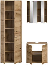 Badezimmerschrank-Kombination aus Holz mit einem hohen Schrank, einem Spiegelschrank und einem Unterschrank, frontal und seitlich abgebildet.