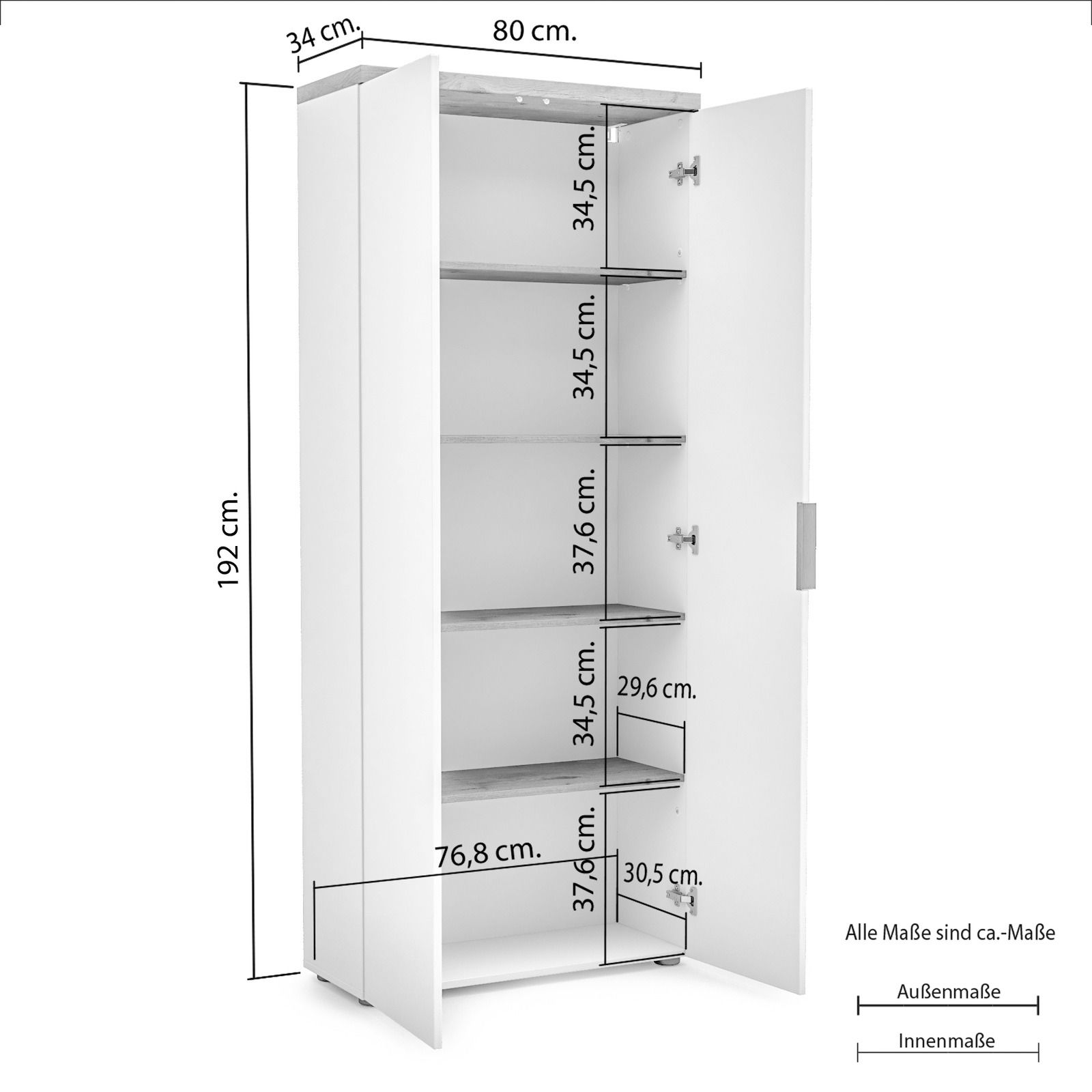 Weißer, hoher Aktenschrank mit fünf Einlegeböden, geöffnete Tür, Perspektive von vorne links, Maße: 192 cm hoch, 80 cm breit, 34 cm tief.