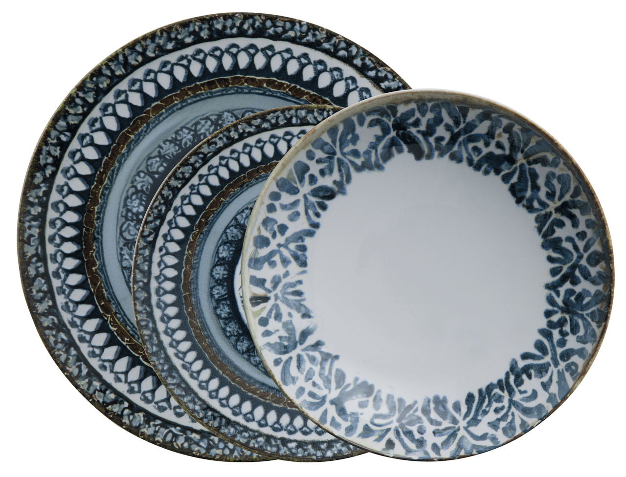 Arthur Krupp Tellerset Mediterraneum 12-tlg. Vogelperspektive auf ein Tellerset Mediterraneum mit blauen und weißen Mustern, bestehend aus vier übereinanderliegenden Tellern.