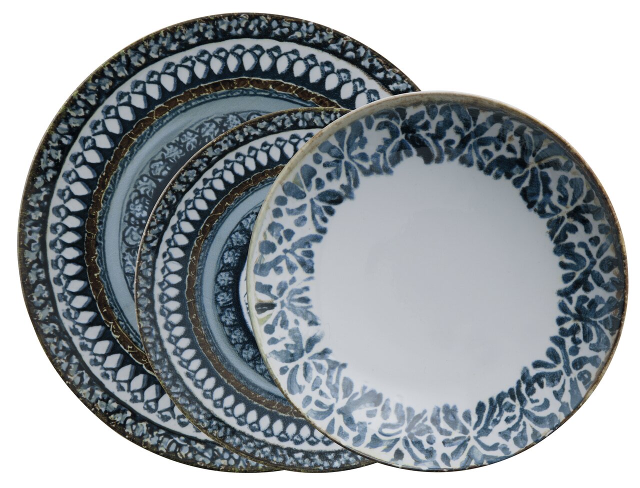 Arthur Krupp Tellerset Mediterraneum 12-tlg. Vogelperspektive auf ein Tellerset Mediterraneum mit blauen und weißen Mustern, bestehend aus vier übereinanderliegenden Tellern.