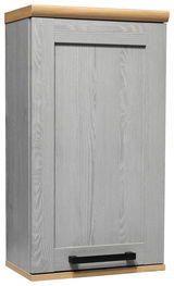 Grauer Hängeschrank mit Holzdetails und schwarzem Griff, seitliche Perspektive