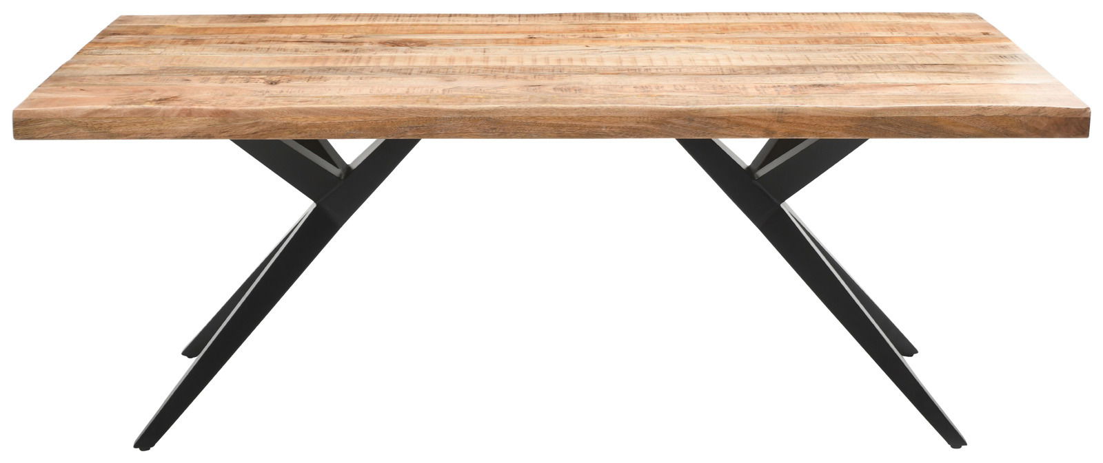 Moderner Esstisch aus Holz mit Metallbeinen, seitliche Perspektive