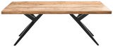 Moderner Esstisch aus Holz mit Metallbeinen, seitliche Perspektive