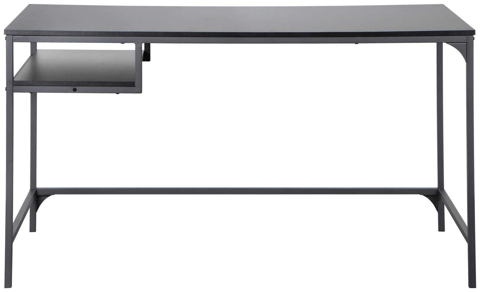 Moderner Schreibtisch mit schwarzer Tischplatte und Metallgestell, frontale Ansicht.