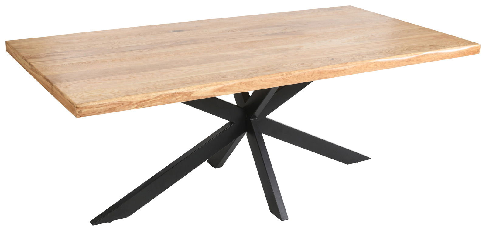 Moderner Esstisch mit Holzplatte und schwarzem Metallgestell, seitliche Perspektive