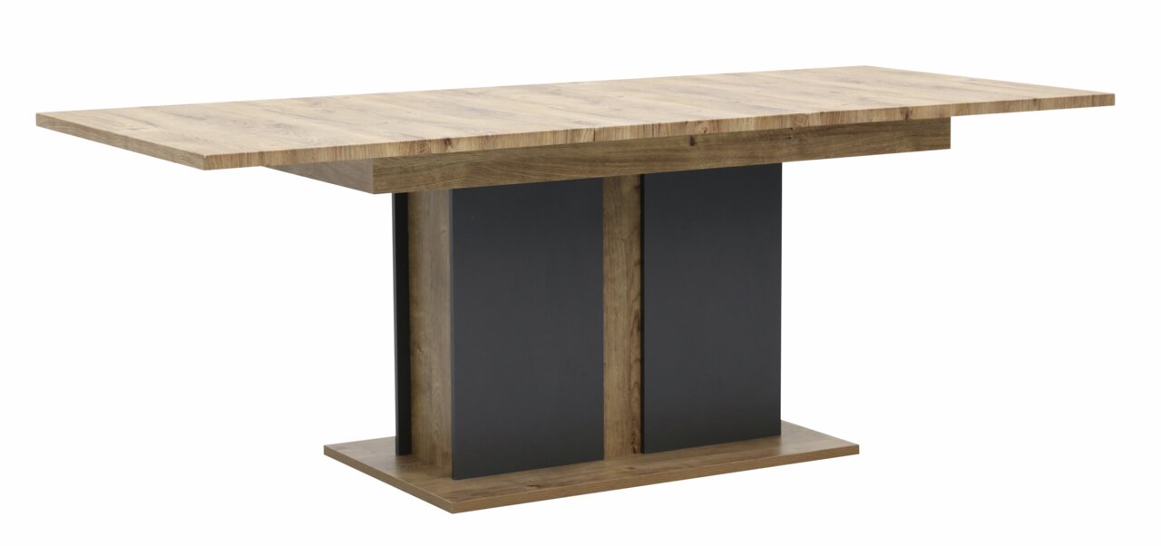 Moderner Esstisch aus Holz mit rechteckiger Tischplatte und stabiler Mittelsäule, seitliche Perspektive