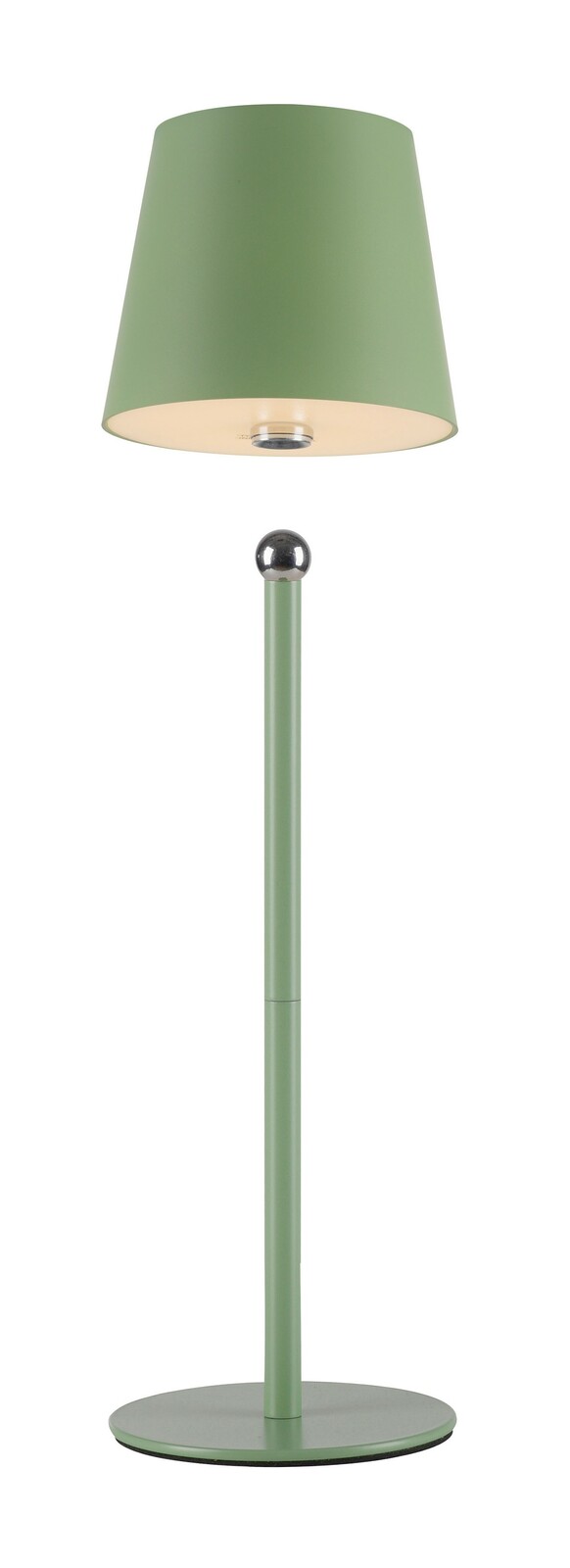 Grüne Akku-Tischleuchte BOTERIA, frontal abgebildet mit rundem Lampenschirm und schlankem Standfuß.