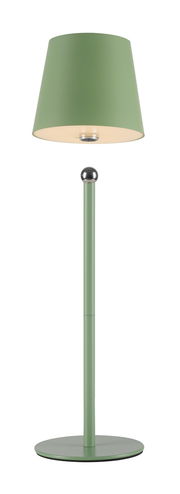 Grüne Akku-Tischleuchte BOTERIA, frontal abgebildet mit rundem Lampenschirm und schlankem Standfuß.