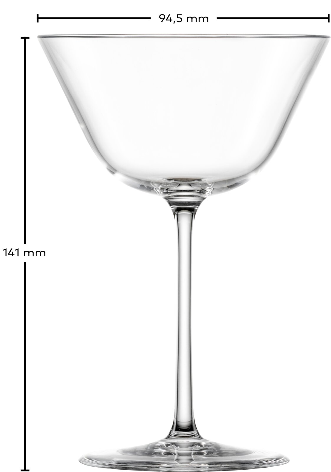 Transparentes Cocktail- bzw. Champagnerglas mit breiter Schale und langem Stiel, frontal in Seitenansicht auf weißem Hintergrund, mit Maßangaben 94,5 mm Durchmesser und 141 mm Höhe.