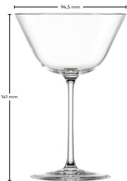 Transparentes Cocktail- bzw. Champagnerglas mit breiter Schale und langem Stiel, frontal in Seitenansicht auf weißem Hintergrund, mit Maßangaben 94,5 mm Durchmesser und 141 mm Höhe.
