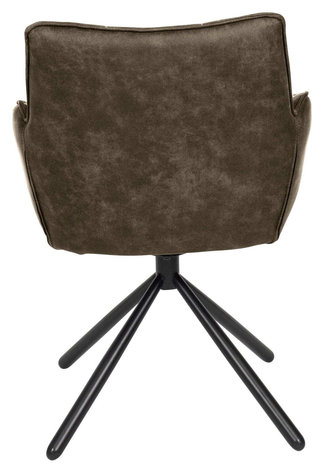 Rückansicht eines Armlehnstuhls mit schwarzem Metallgestell und olivgrünem Polster