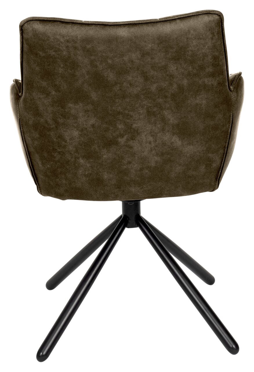 Rückansicht eines Armlehnstuhls mit schwarzem Metallgestell und olivgrünem Polster