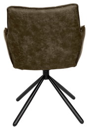 Rückansicht eines Armlehnstuhls mit schwarzem Metallgestell und olivgrünem Polster