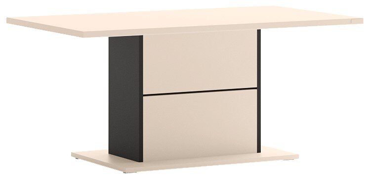 Hom´in Salontafel ZAYA Moderne eettafel met rechthoekig licht beige blad en centrale zwarte en beige kolompoot, getoond in schuin vooraanzicht op witte achtergrond