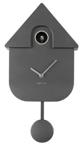 Moderne Wanduhr in Form eines Kuckucks mit Pendel, frontal abgebildet