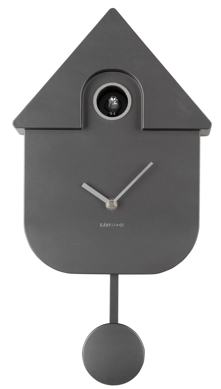 Moderne Wanduhr in Form eines Kuckucks mit Pendel, frontal abgebildet