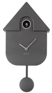 Moderne Wanduhr in Form eines Kuckucks mit Pendel, frontal abgebildet